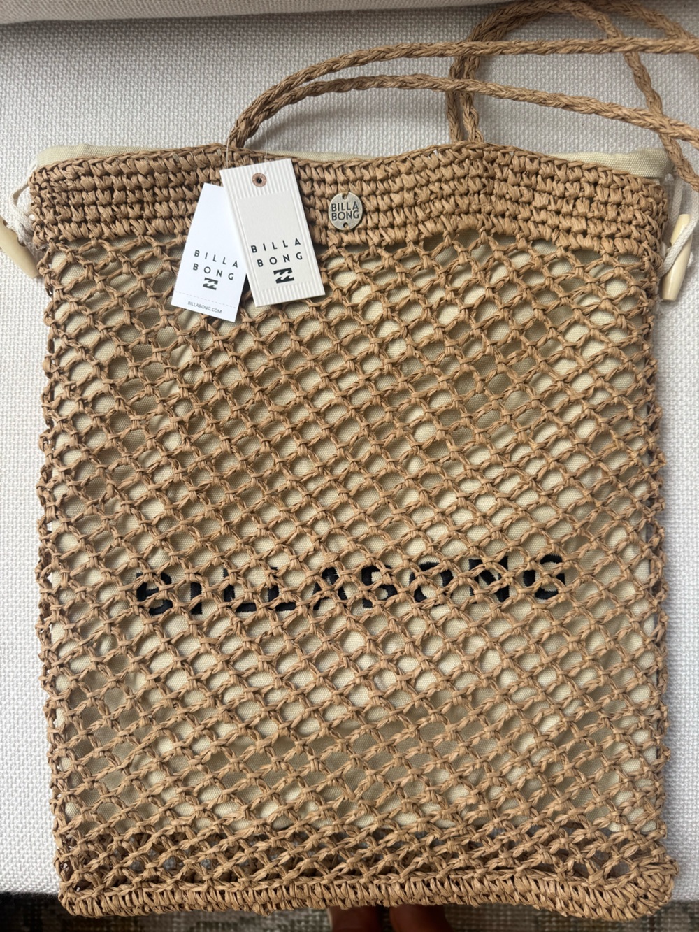 NWT Billabong Two Cute Tan Woven Straw Tote Bag